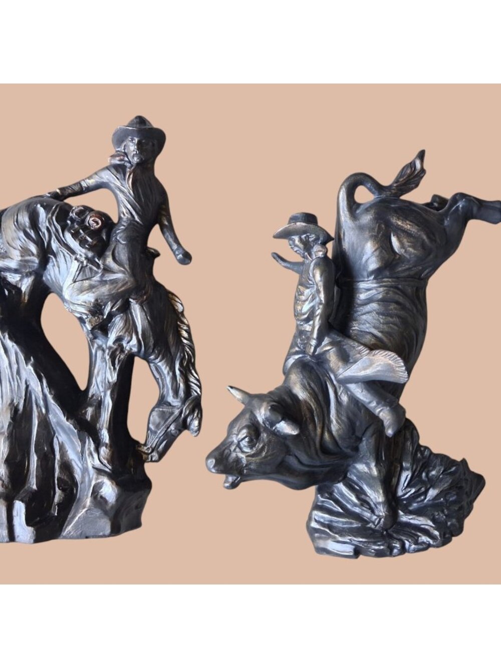 Vintage 1995 Western Cowboy Bull Rider Sculpture Set 11” 13” Bronze Finish CERAM